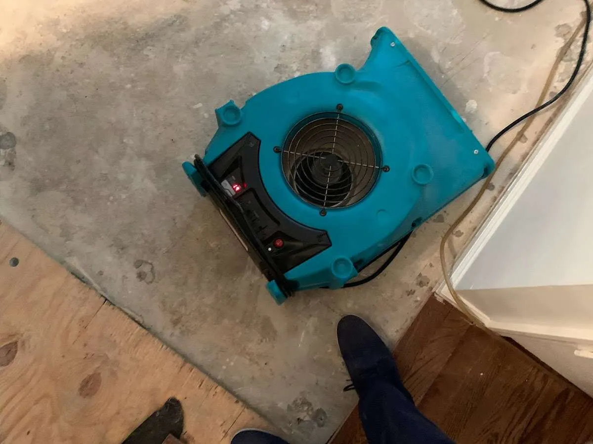 Air mover drying subfloor during Leak Detection & Repair in Tenafly